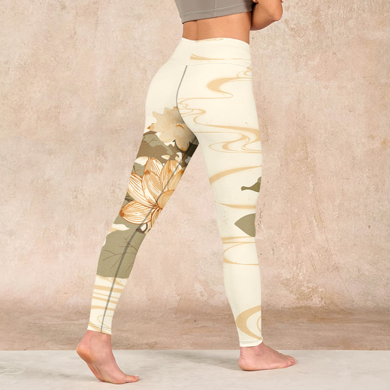 Beige Lotus Flower Print Gym Fitness Leggings Women's Yoga Pants