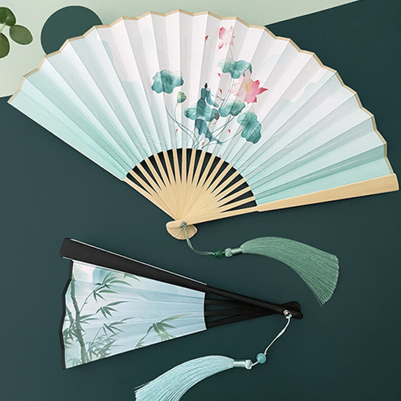 Retro Lotus Flower Leaf Mountain Lake Handheld Folding Fan With Bamboo Frames