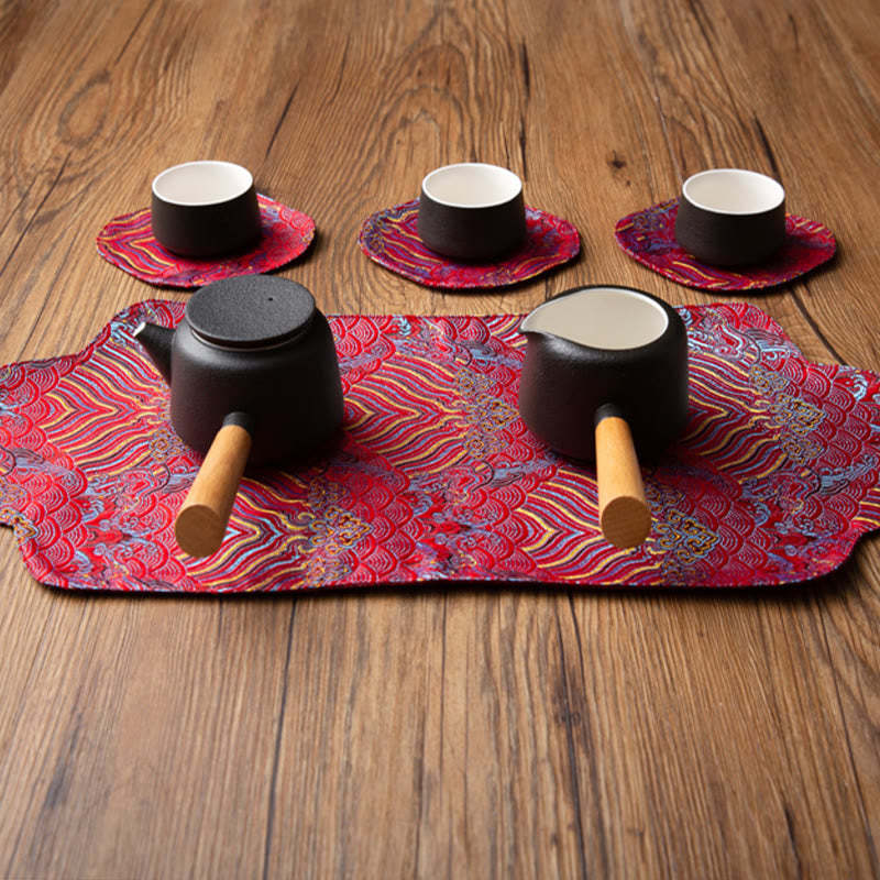 Sea Wave Bamboo Plum Blossom Brocade Embroidery Cup Mat Pad Tea Cup Coaster Kung Fu Tea Mat
