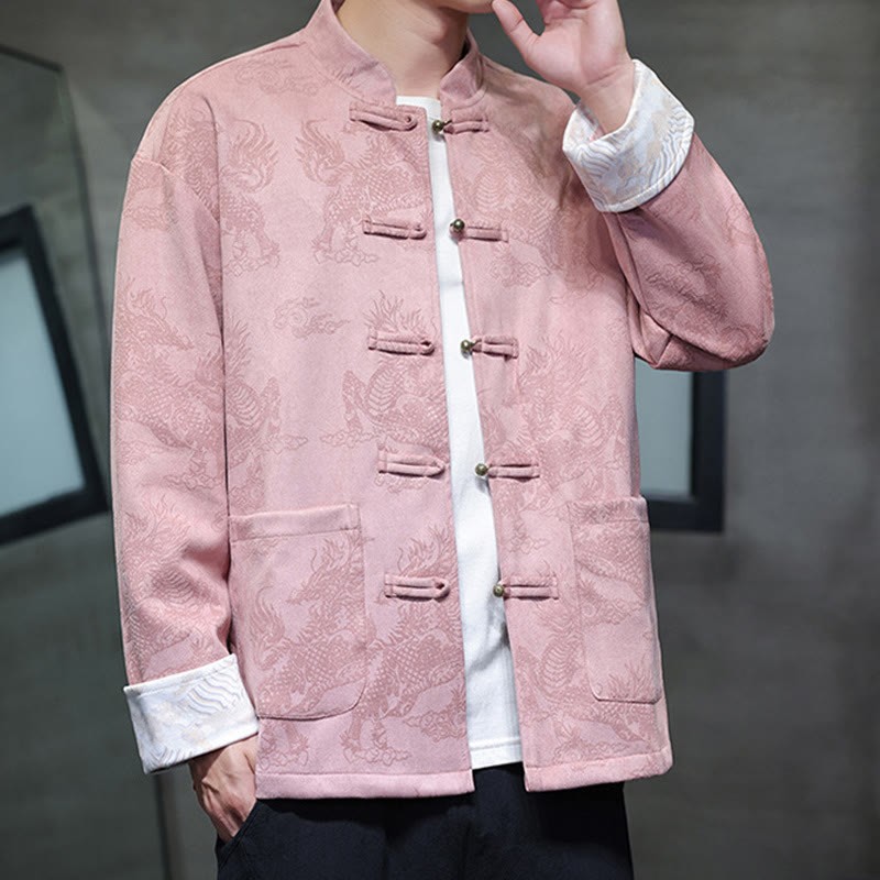 Chinese New Year Kirin Print Frog-button Tang Suit Men's Jacket Shirt With Pockets