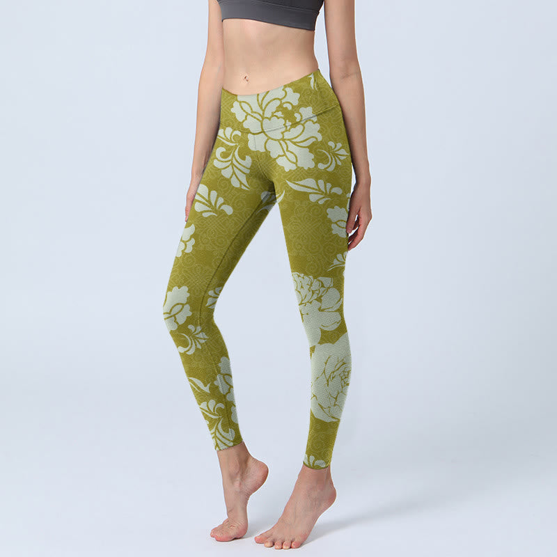 Monochrome Flowers Print Gym Leggings Women's Yoga Pants