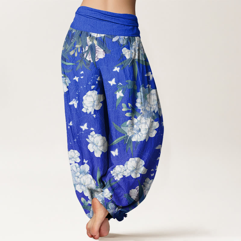 Casual White Flowers Women's Elastic Waist Harem Pants