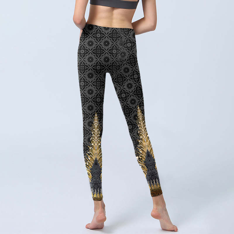 Dark Gray Geometric Gold Feather Print Gym Leggings Women's Yoga Pants