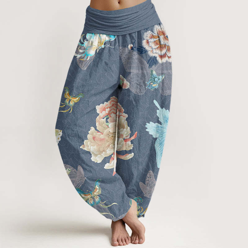 Chrysanthemums Butterflies Pattern Women's Elastic Waist Harem Pants