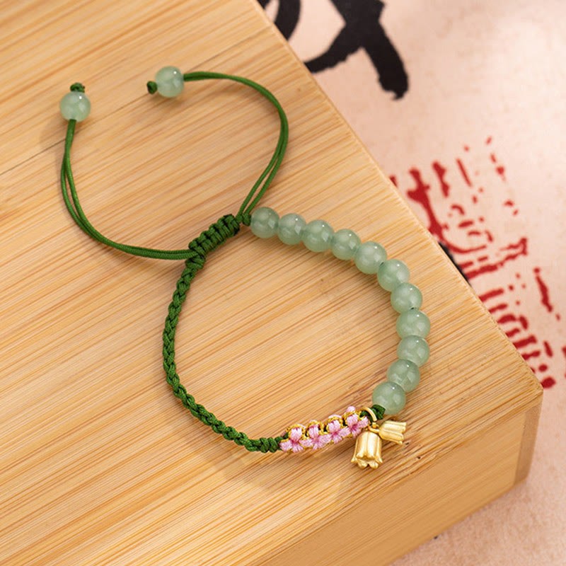Handmade Jade Bead Lily of the Valley Charm Luck Braided Bracelet
