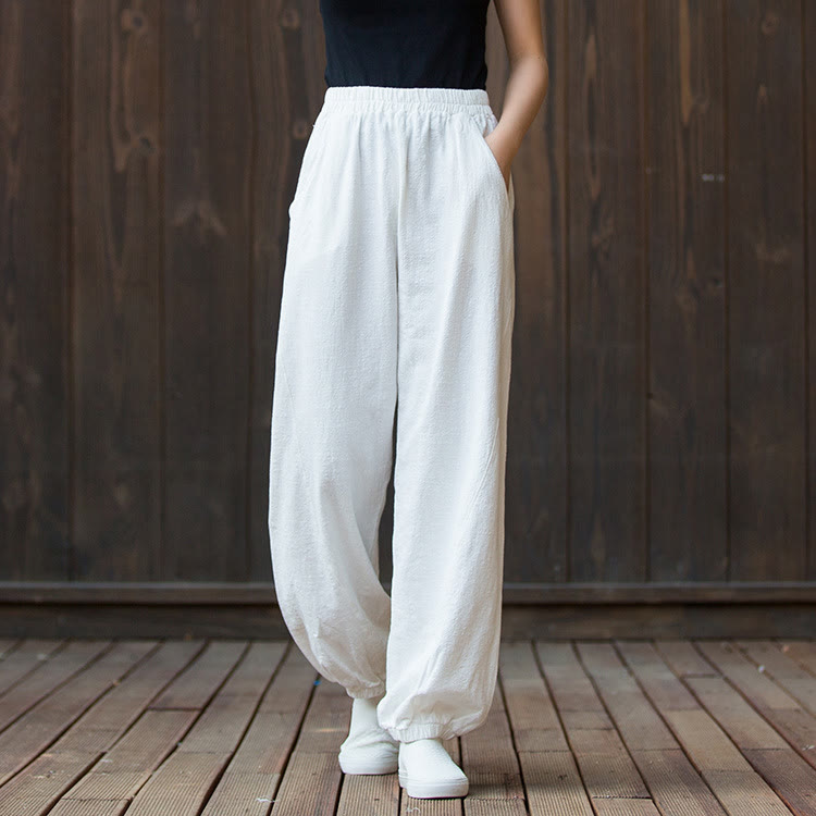 Casual Solid Plain Color Carrot Elastic Waistband Cotton Ramie Women's Pants With Pockets
