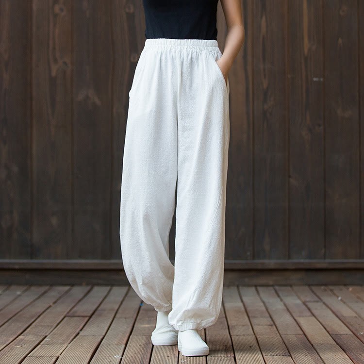 Casual Solid Plain Color Carrot Elastic Waistband Cotton Ramie Women's Pants With Pockets