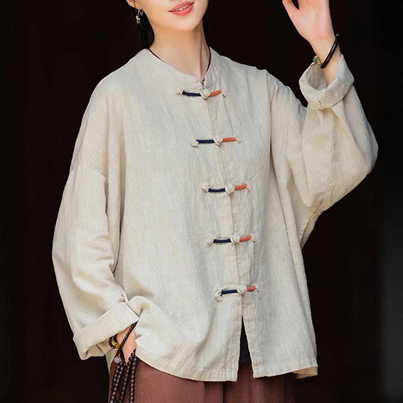 Solid Color Two-color Frog-button Long Sleeve Ramie Linen Women's Shirt