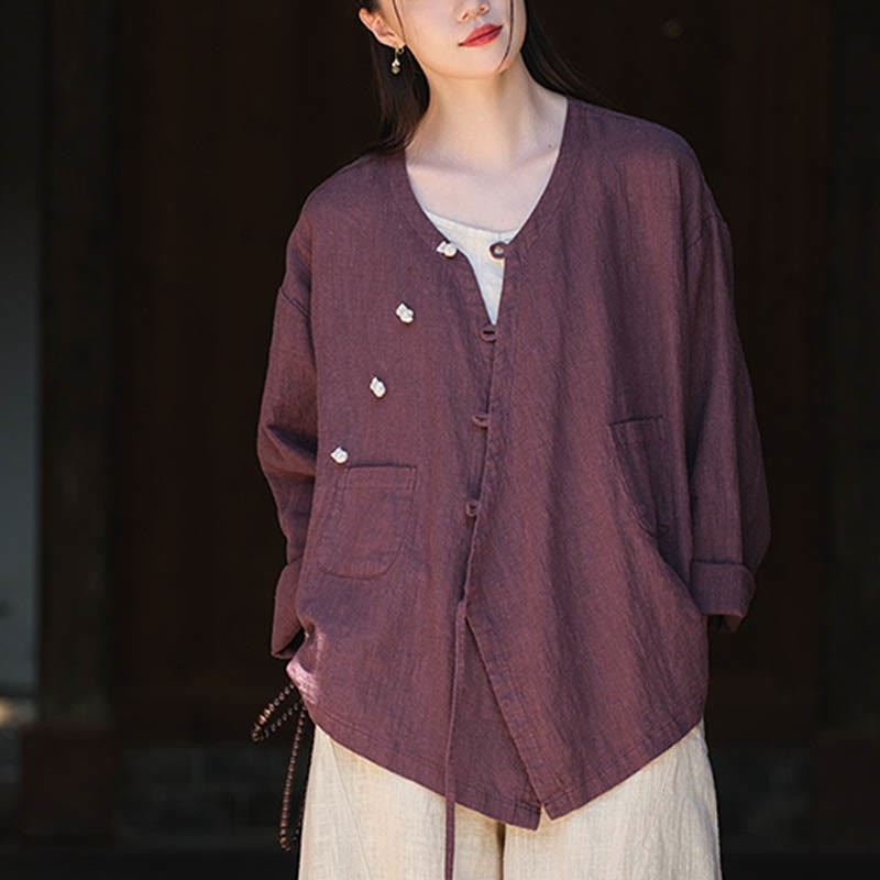 Solid Color Ramie Linen Loose Blouse Long Sleeve Shirt Chinese Hanfu Top