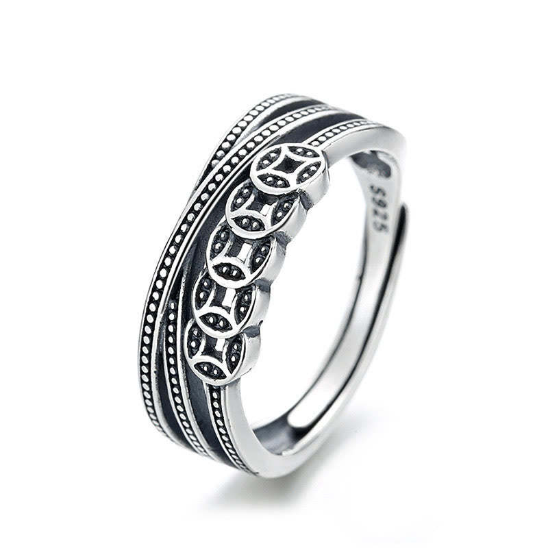 925 Sterling Silver Copper Coins Wealth Blessing Adjustable Ring