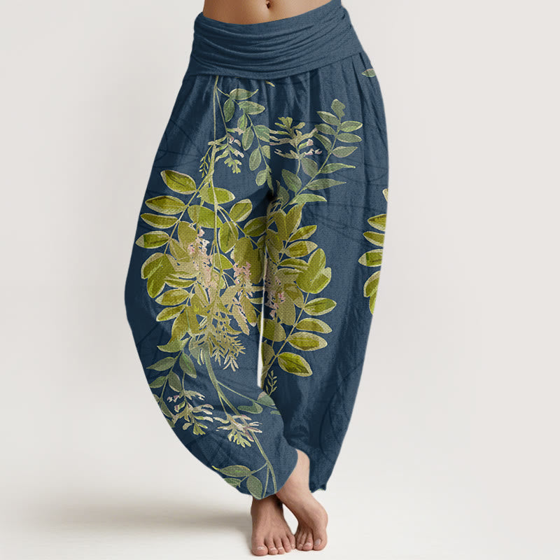 Green Leaves Branches Women's Elastic Waist Harem Pants