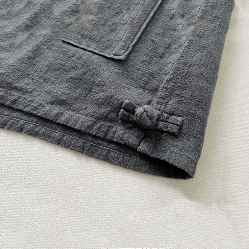 Casual Solid Color Ramie Linen Cotton Men's Shirt With Pockets