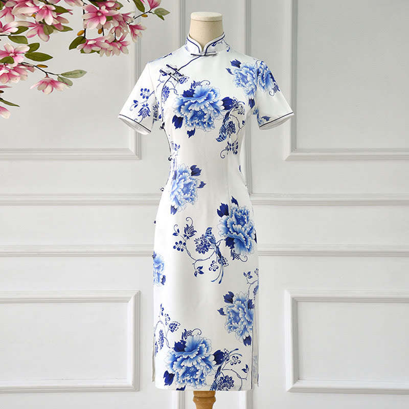 Blue And White Porcelain Color Peony Flower Pattern Cheongsam Dress Women's Qipao Dress