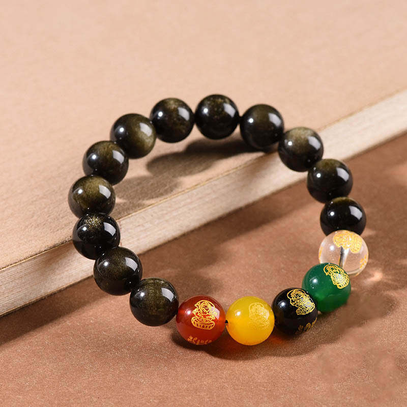 Gold Sheen Obsidian Rainbow Obsidian Black Obsidian Five Directions Gods of Wealth Bracelet