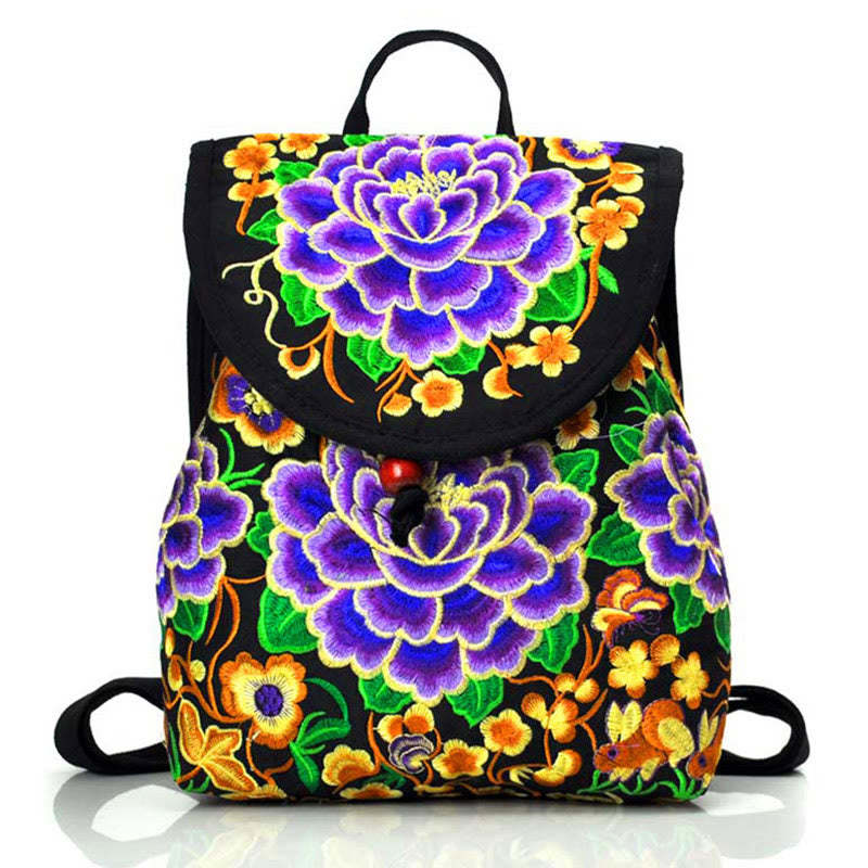 Peony Chinese Money Tree Embroidery Canvas Backpack