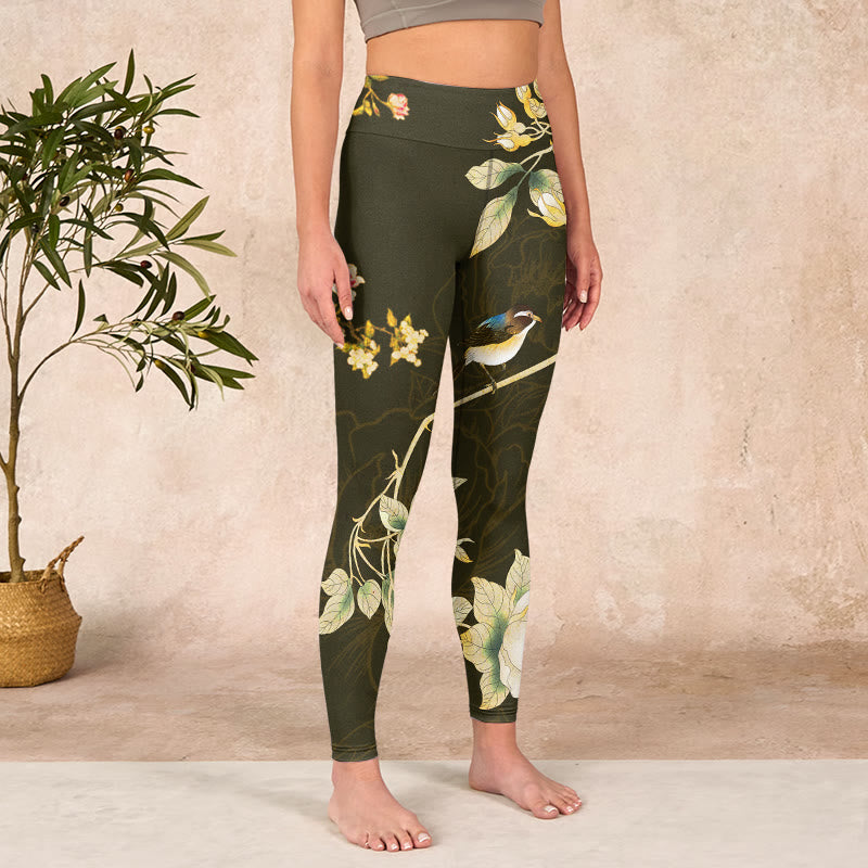 Black Magnolia Flowers Print Gym Leggings Women's Yoga Pants