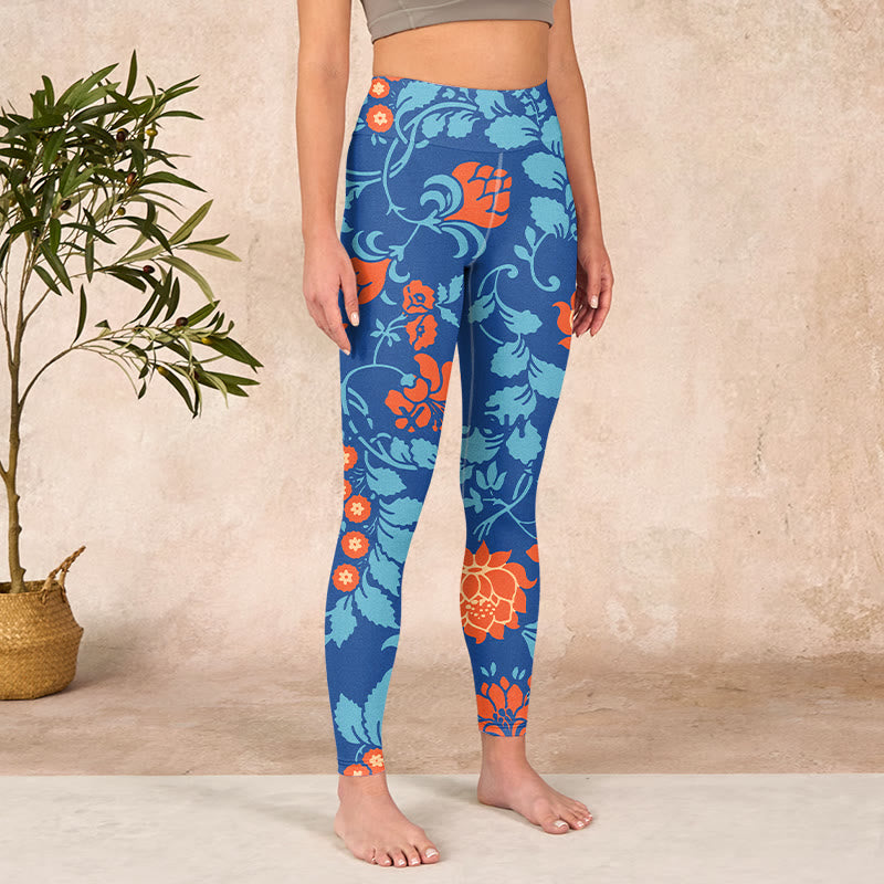 Steel Blue Red Tulips Flowers Leaves Print Gym Leggings Women's Yoga Pants