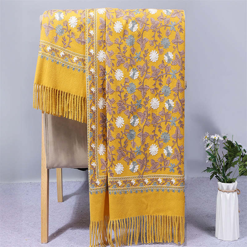 Polyester Shawl Cashew Flowers Embroidery Tassel Winter Cozy Travel Scarf Wrap