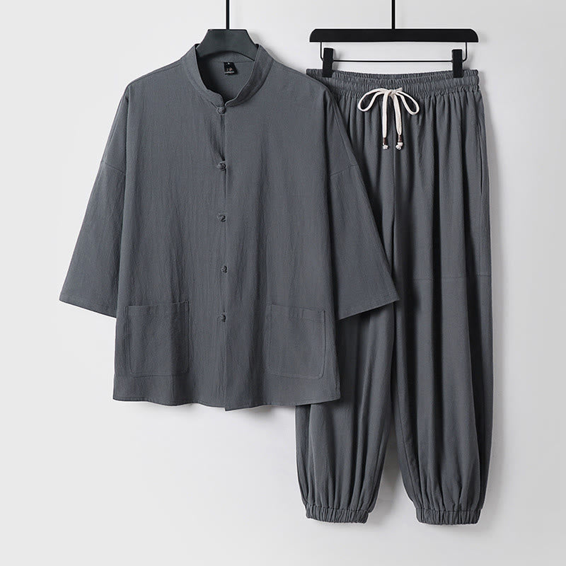 Three-Quarter Sleeves Cropped Bloomers Cotton Top Pants Clothing Men's Set