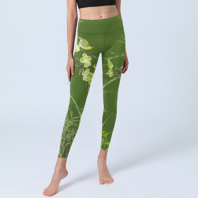 Magpie Flowers Branches Print Gym Leggings Women's Yoga Pants