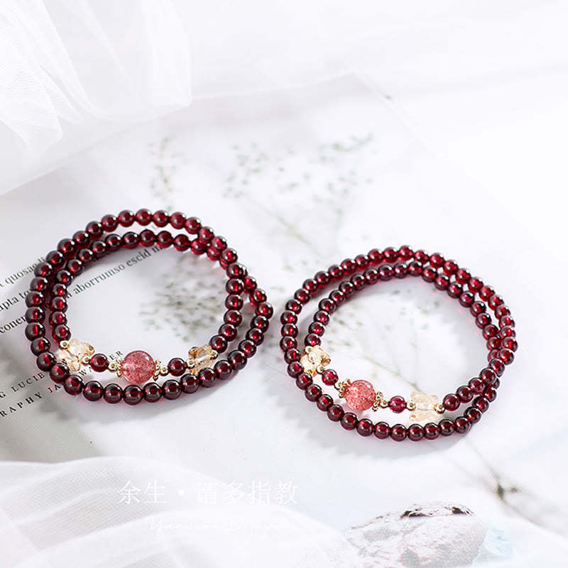 14K Gold Plated Natural Garnet Strawberry Quartz Butterfly Protection Double Wrap Bracelet