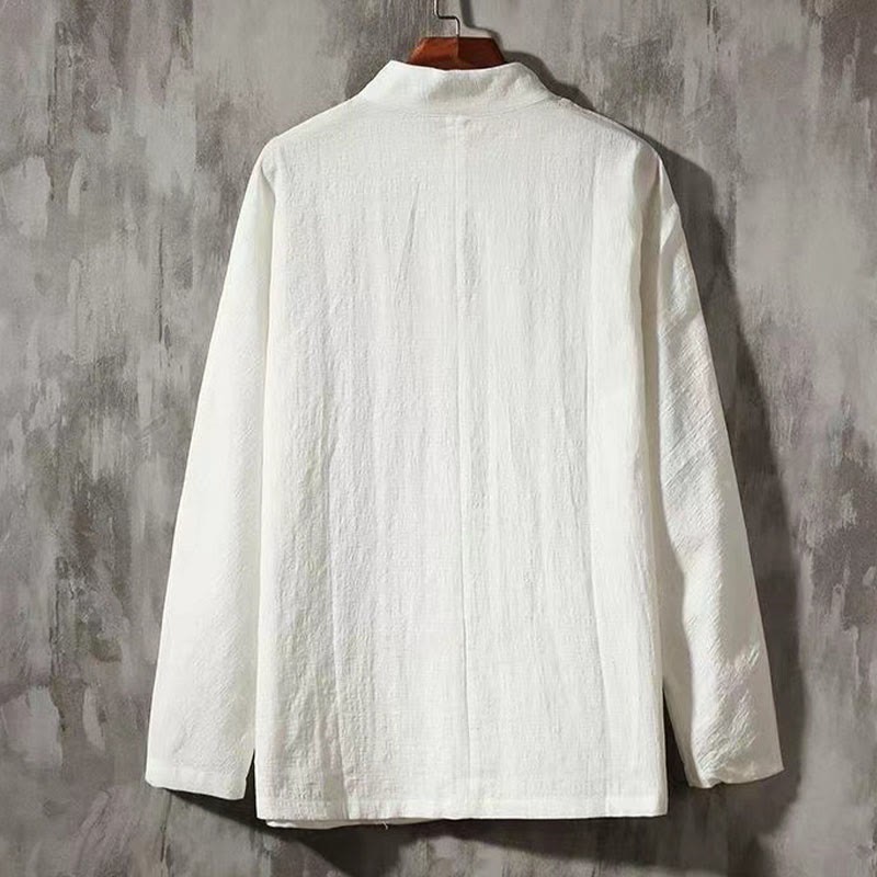 Men's Tang Long Sleeve Shirt Frog Button With Pocket Stand Collar Comfort Linen Shirt