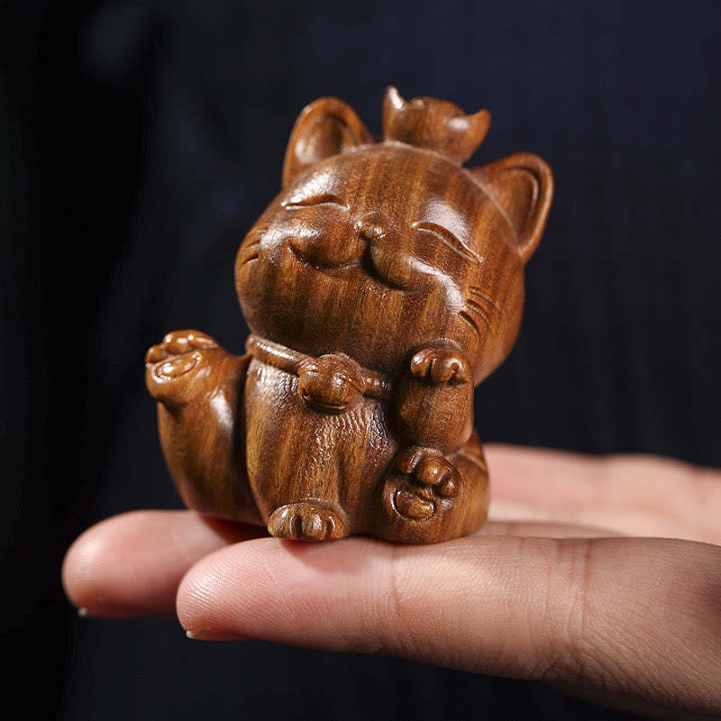 Mini Green Sandalwood Ingot Lucky Cat Carved Peace Desk Decorations