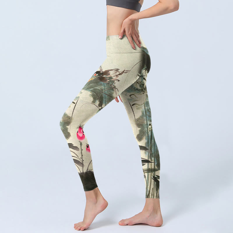Lotus Bamboo Leaves Print Gym Leggings Women's Yoga Pants