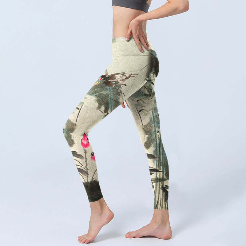 Lotus Bamboo Leaves Print Gym Leggings Women's Yoga Pants