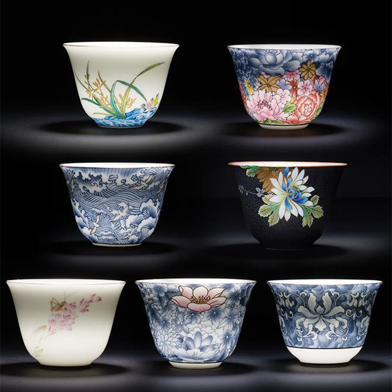 Colorful Flowers Orchid Sea Waves Blue and White Porcelain Ceramic Teacup Kung Fu Tea Cup