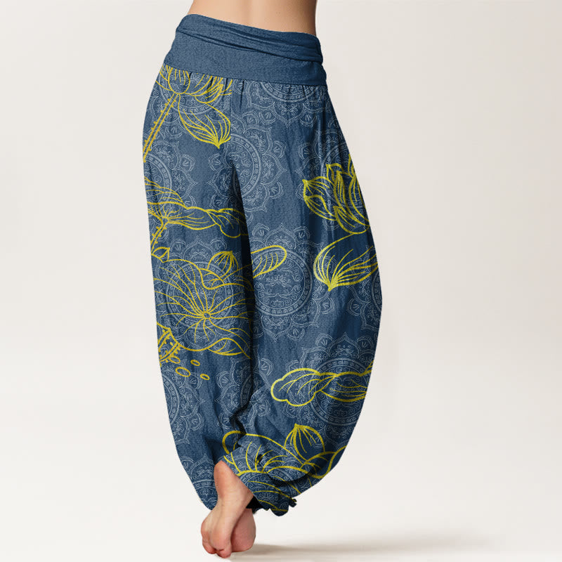 Golden Lotus Mandala Pattern Women's Elastic Waist Harem Pants
