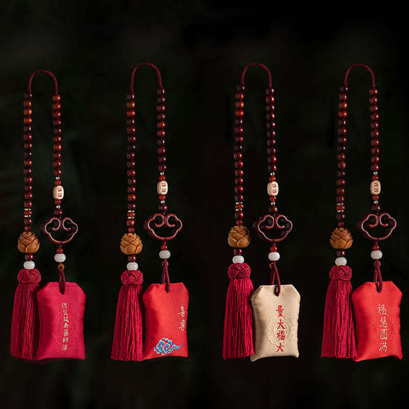 Tibetan Small Leaf Red Sandalwood Lotus Cinnabar Sachet Protection Tassel Car Hanging Decoration