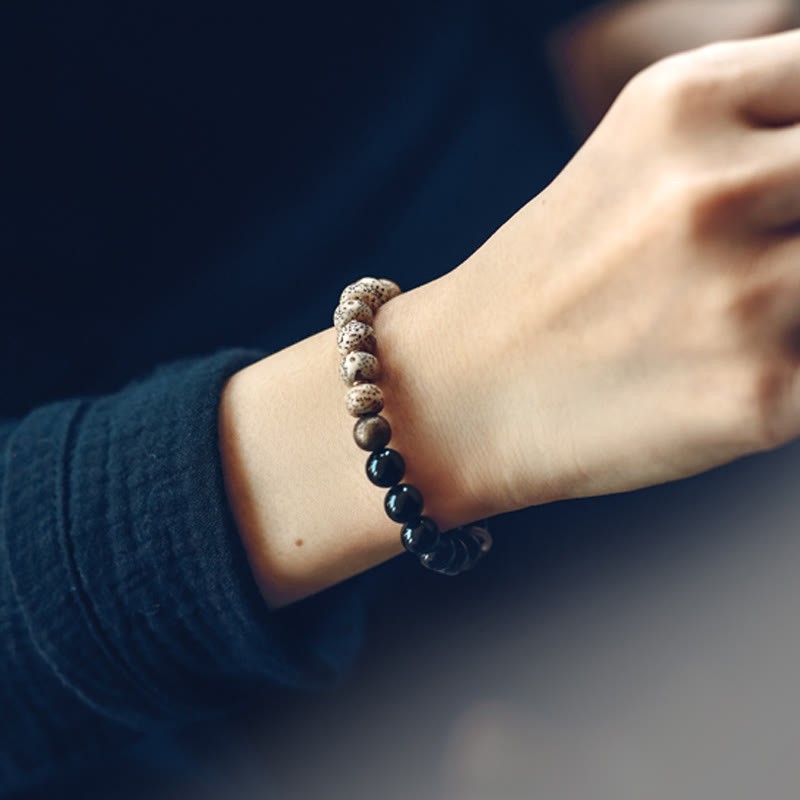 Tibetan Bodhi Seed Black Obsidian Ebony Wood Copper Peace Bracelet