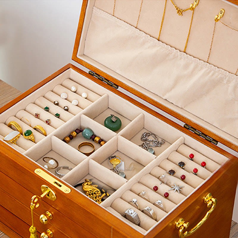 Retro Solid Wood Jewelry Box Four-Layer Wooden Jewelry Storage Box