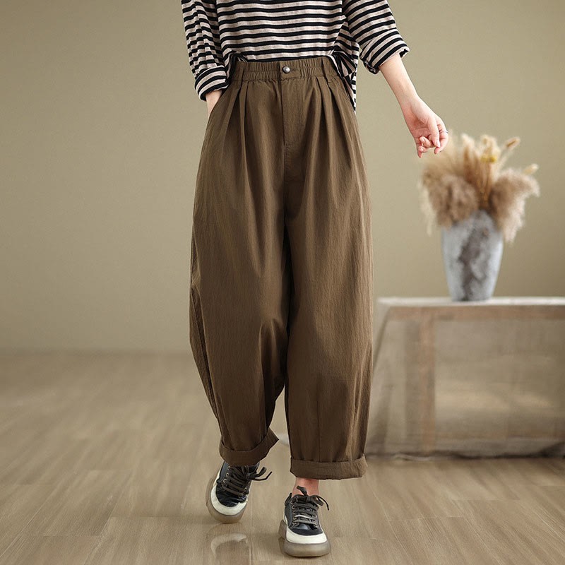 Casual Solid Color One Top Button Elastic Waistband Cotton Linen Women's Pants With Pockets