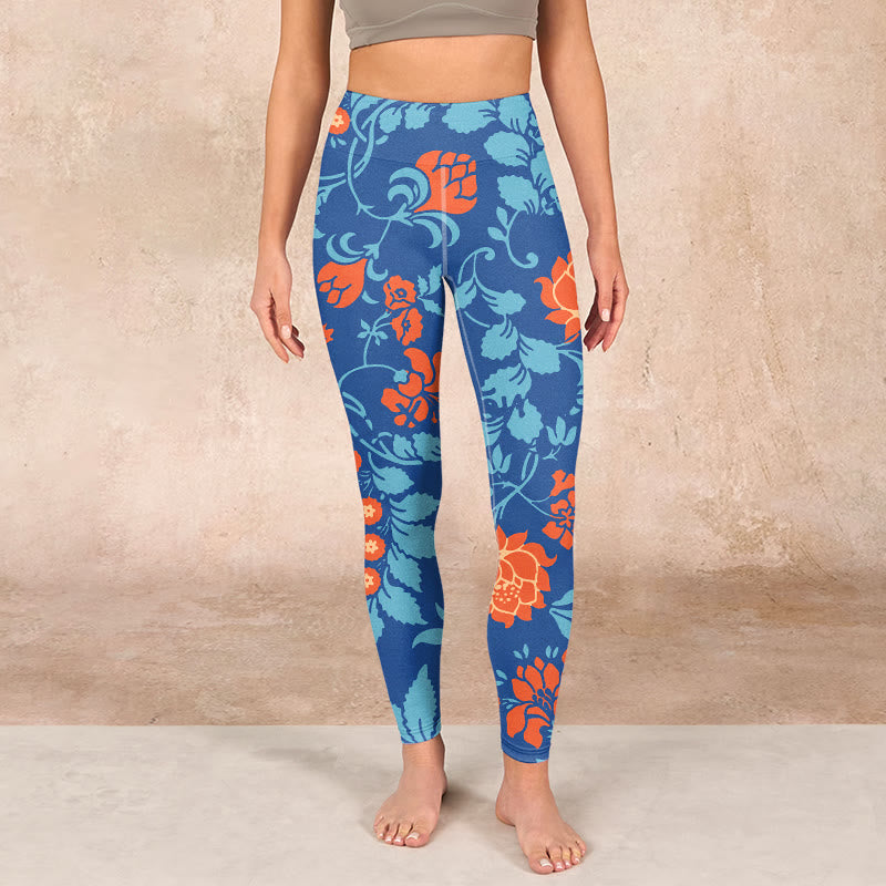 Steel Blue Red Tulips Flowers Leaves Print Gym Leggings Women's Yoga Pants