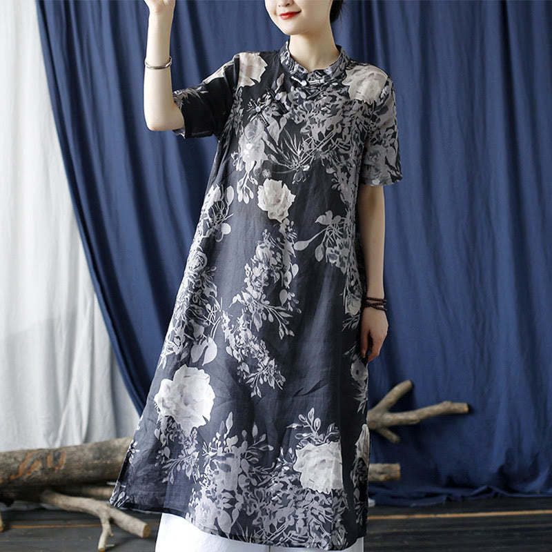Ramie Linen Blue Flowers Leaves Cheongsam Dresses Short Sleeve Dress