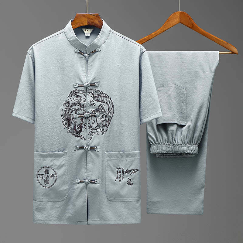 Dragon Fu Character Tang Suit Traditional Short Sleeve Shirt Wide Leg Pants Clothing Men's Set