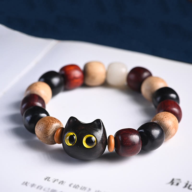 Small Leaf Red Sandalwood Ebony Wood Cute Cat Engraved Protection Bracelet