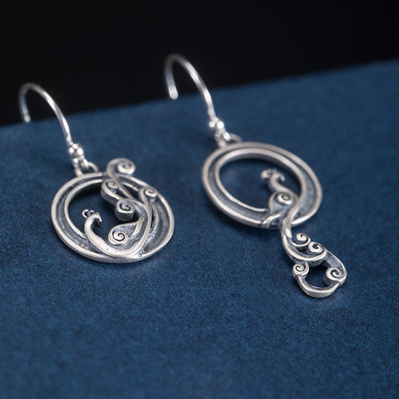 925 Sterling Silver Round Asymmetry Peacock Fortune Earrings