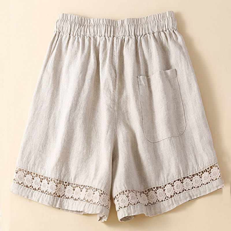 Plain Color Bottom Hollow Lace Design Lace-up Cotton Linen Women's Shorts With Pockets