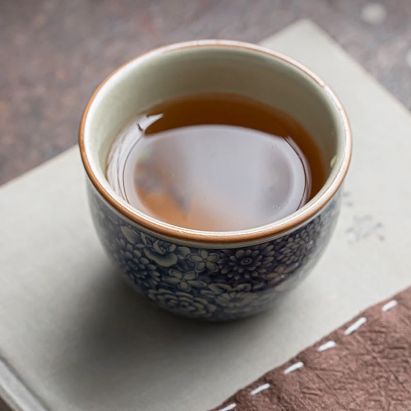 Blue Lotus Peach Blossom Chrysanthemum Design Ceramic Teacup Kung Fu Tea Cups