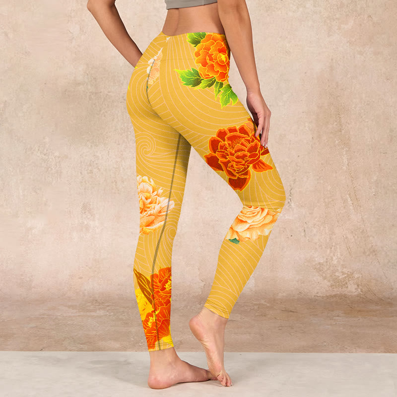 Vibrant Rose Flowers Print Gym Leggings Women's Yoga Pants