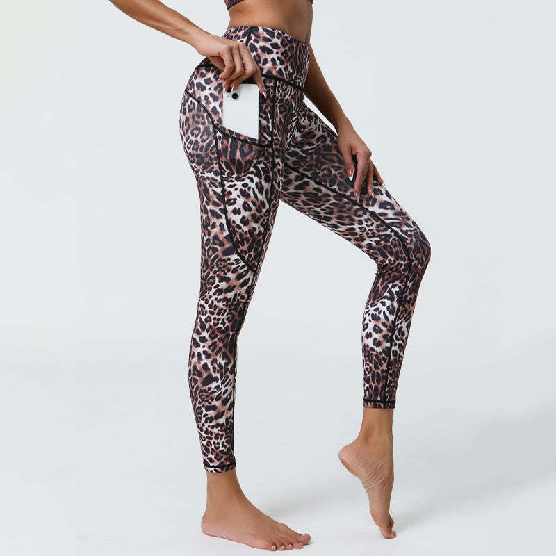 Rose Lines Tiger Leopard Print Sports Fitness High Waist Leggings Women's Yoga Pants With Pockets