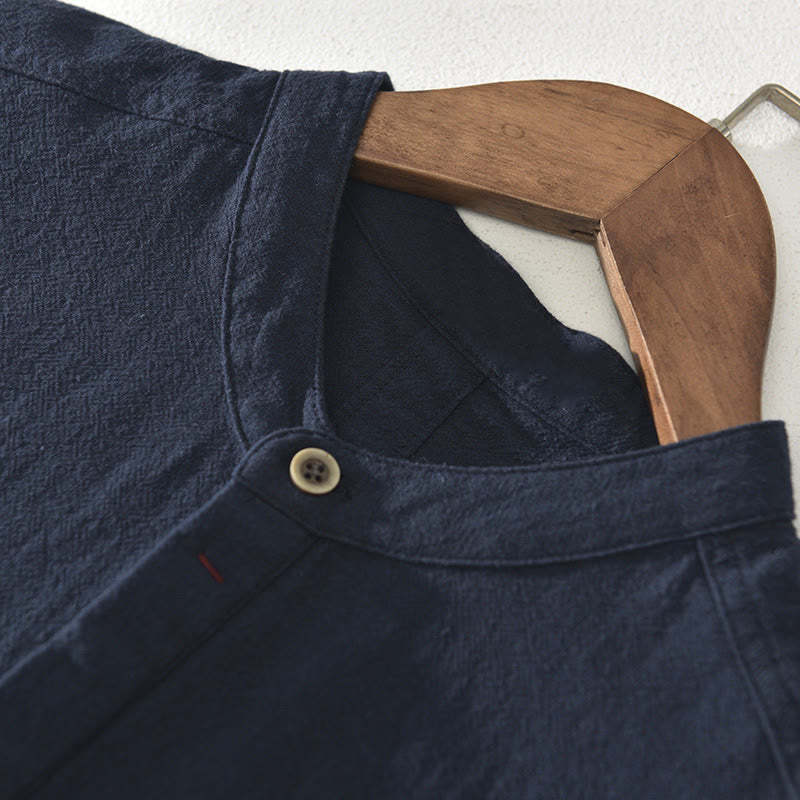 Solid Color Short Sleeve Half Button Shirt Cotton Linen Men Clothing