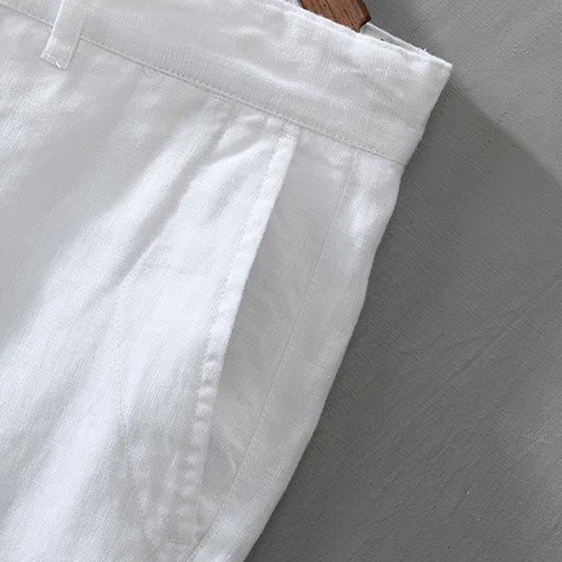 Solid Color Drawstring Cropped Linen Men's Shorts With Pockets