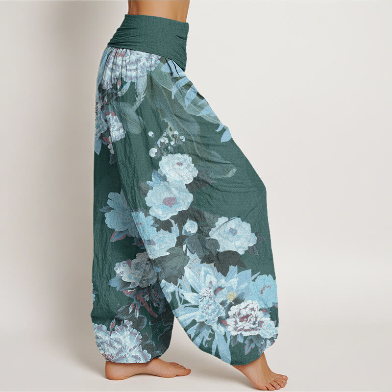 Casual Peony Lotus Leaves Pattern Women's Elastic Waist Harem Pants