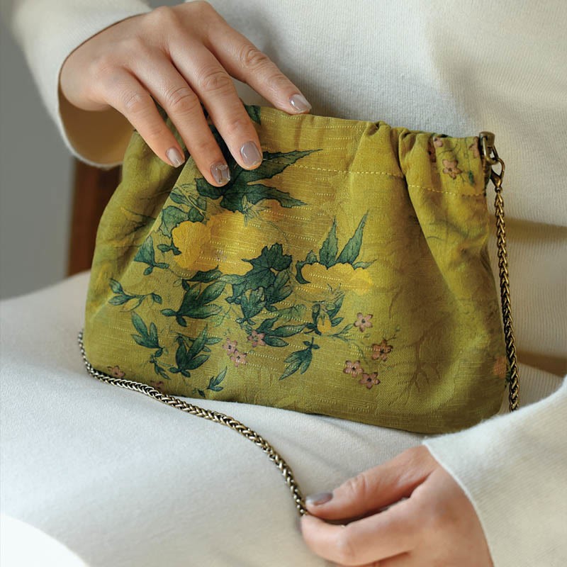 Yellow Green Flower Black Persimmon Metal Chain Crossbody Bag Shoulder Bag Handbag