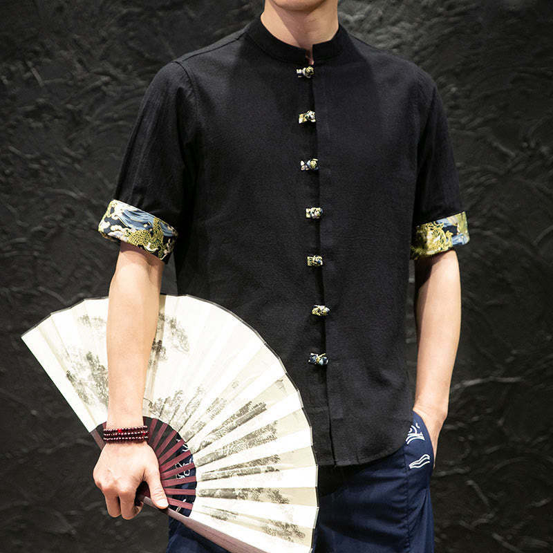 Men's Frog-Button Colorblock Dragon Waves Half Sleeve Shirt