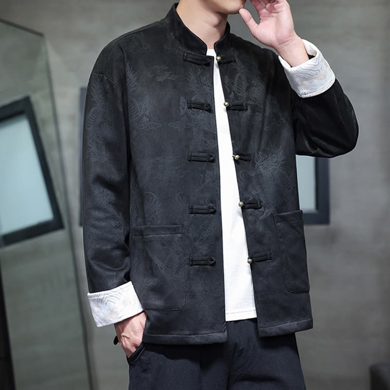 Chinese New Year Kirin Print Frog-button Tang Suit Men's Jacket Shirt With Pockets